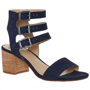 Vince Camuto VP Harrington Suede Caged Ankle Strap Wood Heel Sandals Navy Shoes